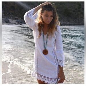 Voila St Barth 100% Linen Mini Dress Cover Up Swimwear boho shabby chic SZ S